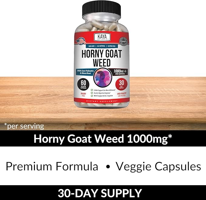 Kaya Naturals Horny Goat Weed Extract with Maca - Complex with Saw Palmetto Ginseng, Arginine Vitamin Supplement - Horny Goat Weed - 60 Count