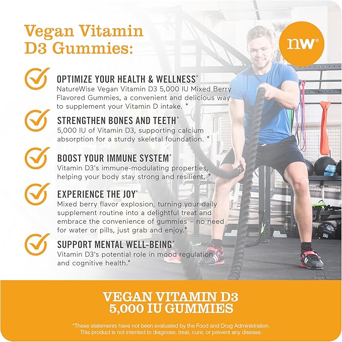 NatureWise Vitamin D3 5000 IU Gummies - Mixed Berry Flavor - Vegan D from Lichen, Pectin Based, Immune Support for Adults, Muscle & Bone Strength - Gluten Free, Non-GMO - 180 Count[3-Month Supply]