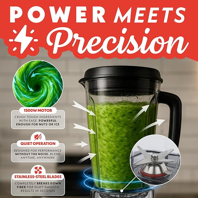 Gourmia Heavy Duty Countertop Blender – 2L BPA-Free Pitcher, 1500W High-Speed Motor, 45,000 RPM, 4 Presets, Variable Speed Dial, Built-In Tamper, Dishwasher-Safe Parts, Stainless Steel