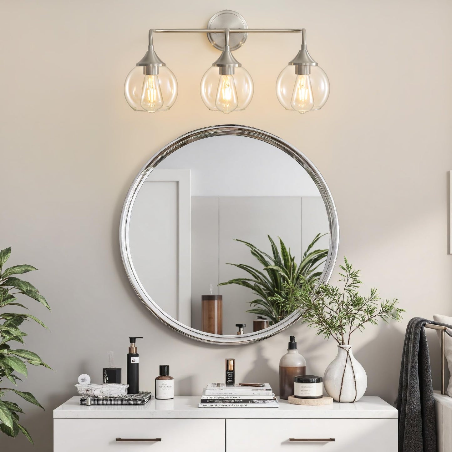 Gednbo Bathroom Light Fixtures 3 Light Bathroom Vanity Light With Clear Glass Shade  22 Inch Vanity Lighting Fixtures Over Mirror  Vanity Lights Fixture (Exclude E26 Bulb) - Brushed Nickel