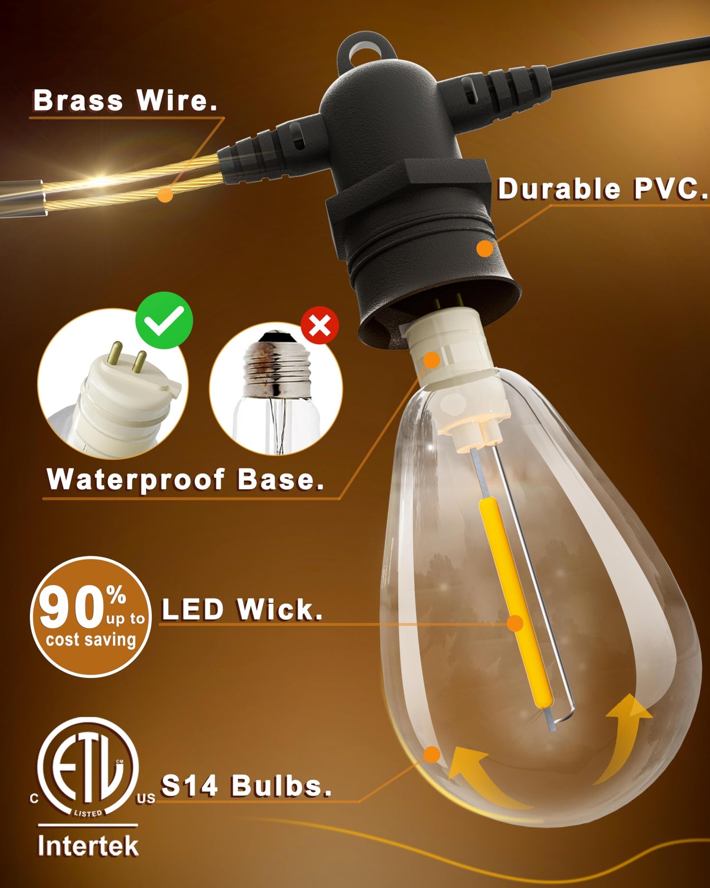 Jerritte LED Outdoor String Lights, 50FT, 15 Shatterproof Bulbs, IP65 Waterproof, Dimmable, Black, Model ASS14-04815-C