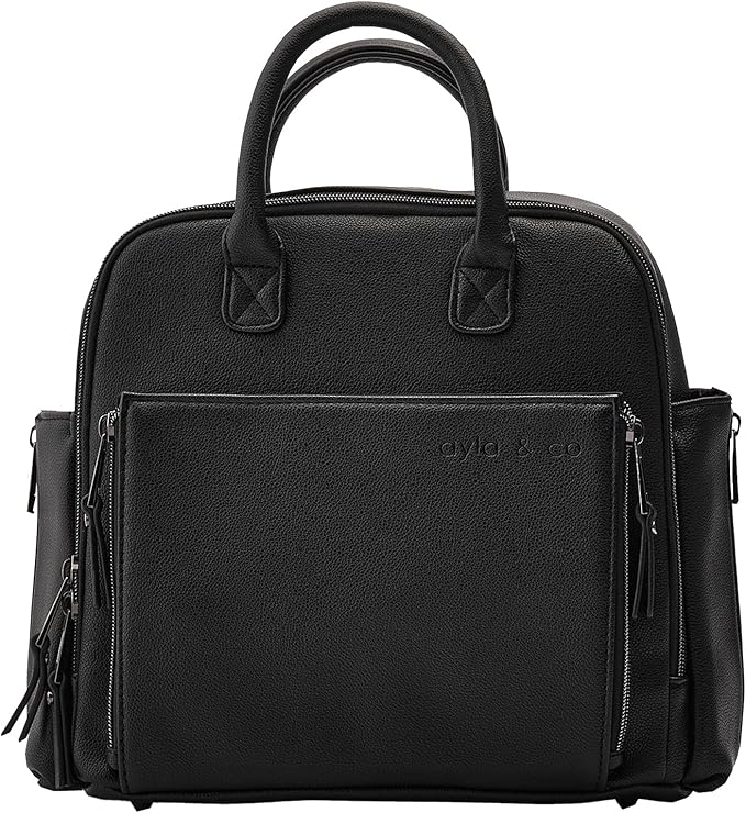 Ayla & Co Mini Bag, Transitional Minimal Diaper Bag, Vegan Leather, with Expandable Pockets, Built-In Wallet, Organizer