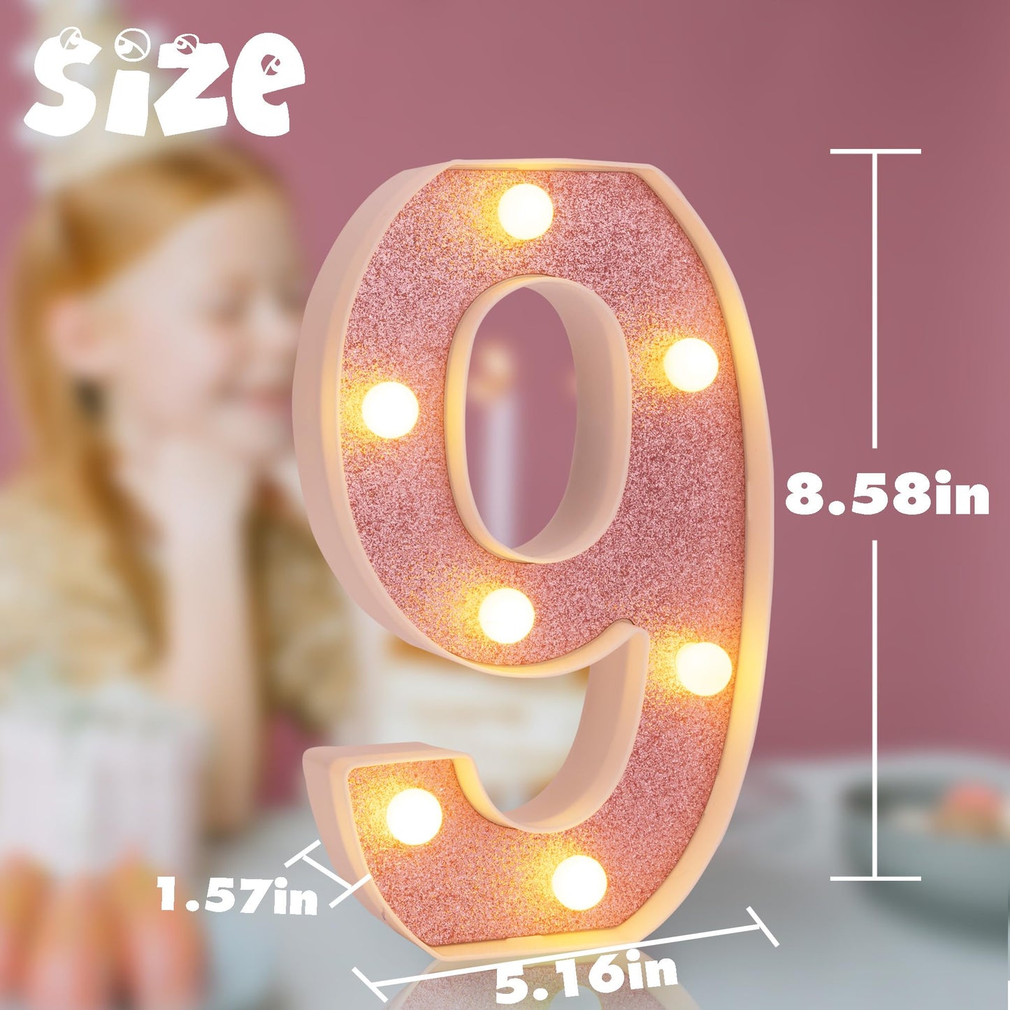 DyingSwan LED Marquee Number 9, 8.58 Inch Pink Glitter Light Up Decor, Battery Powered Plastic Night Light