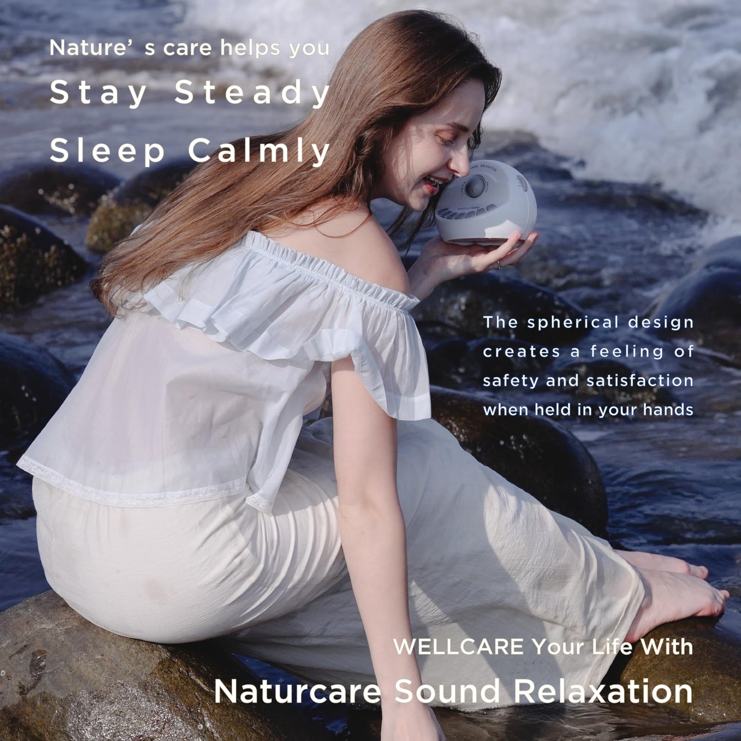 WELLCARE-Naturcare Sound Relaxation: White Noise, 7 Nature Sounds, Sleep Sound Machine, Calm Infants, for Baby, Kids, Adult. Stepless Volume, Timer, Powered by Adapter(Incl.) or Batteries(Not Incl.)