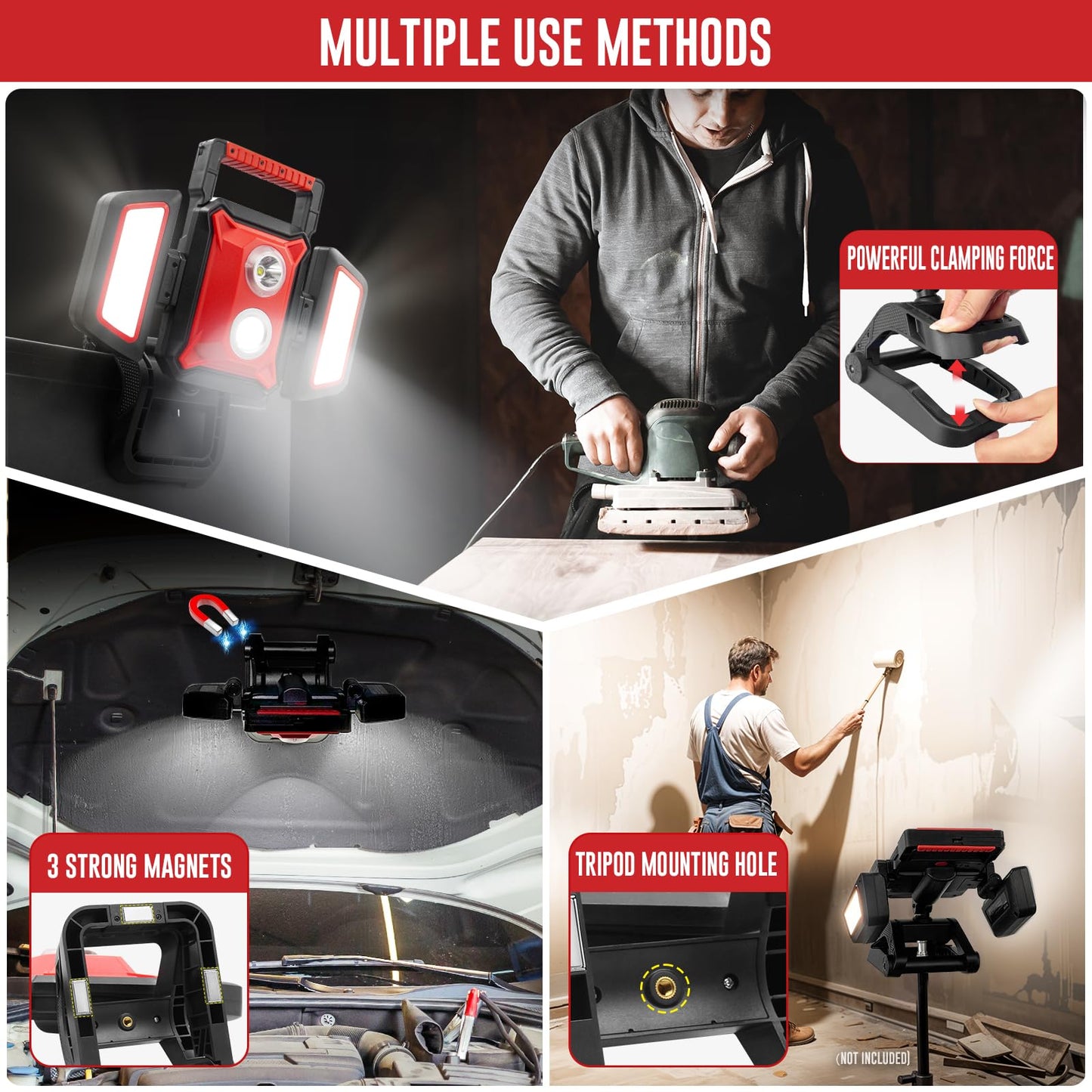 SYLSTAR 40W Rechargeable Work Light, 4000LM Magnetic Work Light, Foldable&360° Rotatable Led WorkLight with Big Clamp, 5 Light Modes, Waterproof Job Site Lighting for Garage Workshop Car Repairing