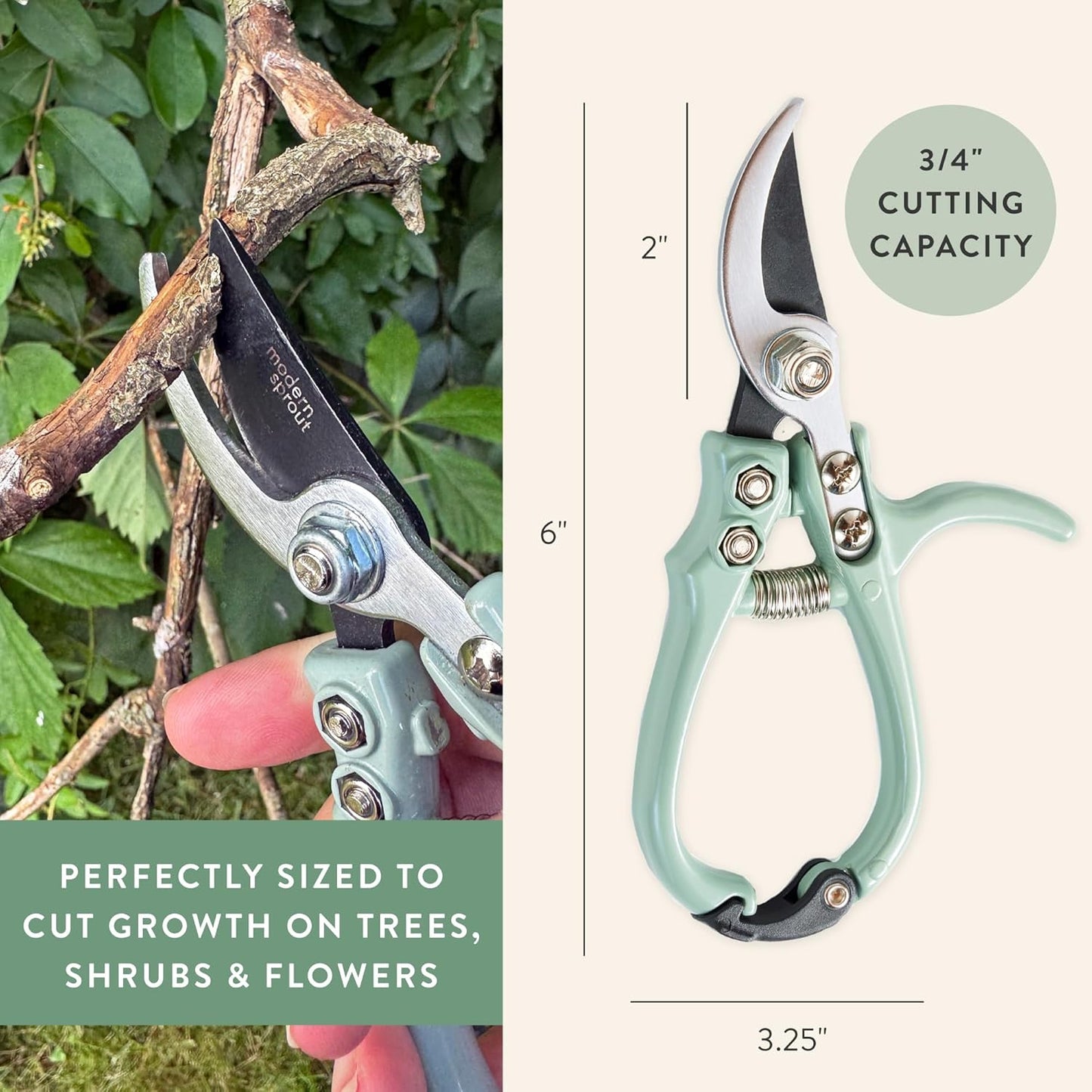 Modern Sprout Hand Pruners - Lightweight Pruning Shears W/Easy Lock- Gardening Scissors - Bypass Sharp Carbon Steel Blade - Rust Resistant - Garden Tools - Reusable Holster - Sage