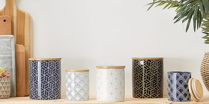 DII Kitchen Ceramics Collection, Canister Set, Mixed Print, Black/Gold, 3 Piece