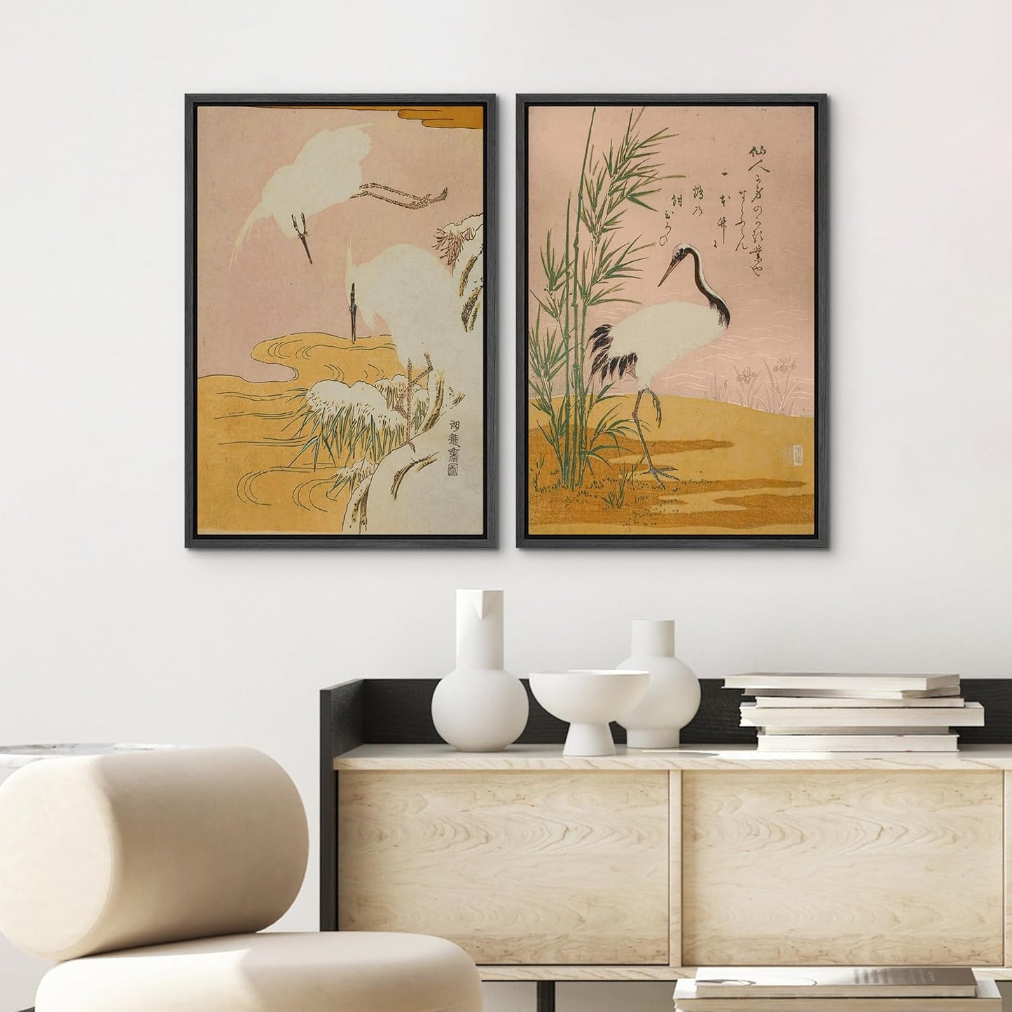 SIGNWIN Framed Canvas Print Wall Art Set Japanese Crane Vintage Style Bird and Bamboo Illustrations Modern Art Rustic Minimal for Living Room, Bedroom, Office - 24"x36"x2 Black