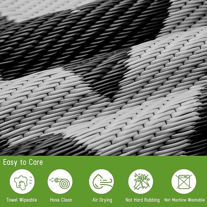 Easy-Going Reversible Outdoor Rugs 5x8ft Waterproof Plastic Straw Rug Stain & UV Resistant Floor Mat for Patio Porch RV Backyard Pool Deck Picnic Beach Trailer Camping (Waved Black & Light Grey)