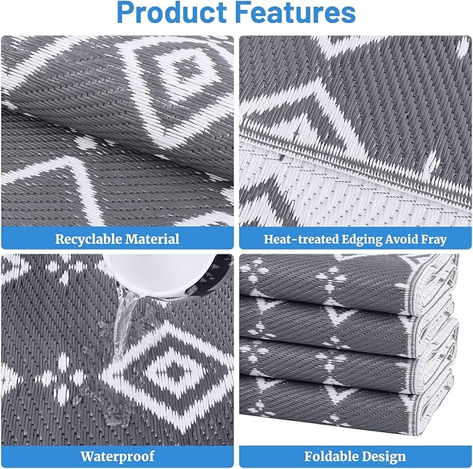 StepRite 5’ x 8’ Reversible Outdoor Rug, Waterproof Plastic Straw Rug, Patio Rug, Large Modern Area Rug Carpet, Indoor Outdoor Rugs for Camping, Porch, Deck, Balcony, Backyard, RV, Picnic(Grey)