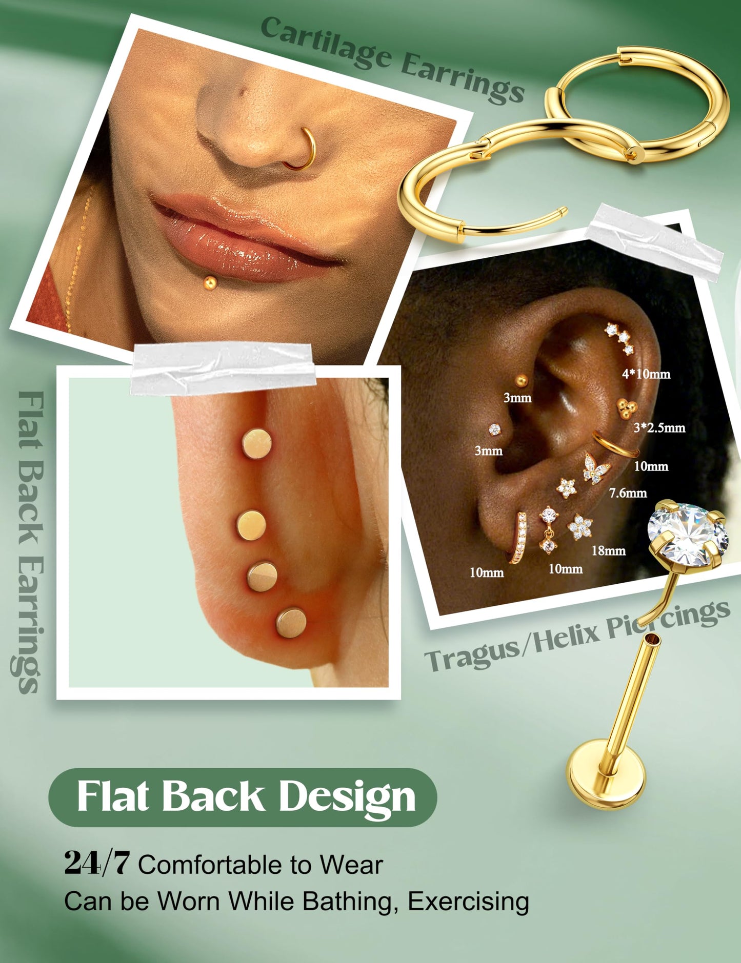 Besteel Threadless Flat Back Earrings Hypoallergenic - 9 Pairs 316L Surgical Steel Push in CZ Studs & Hoops Set for Women Men 14