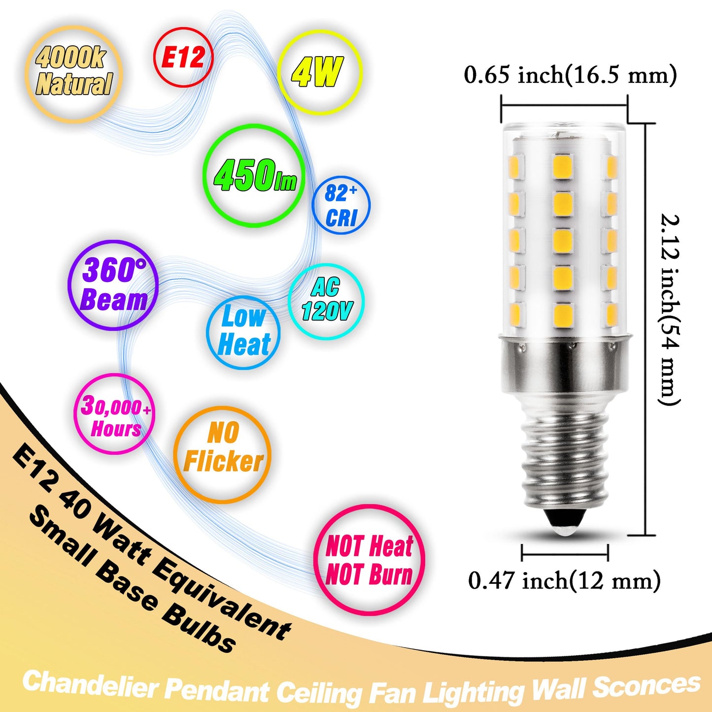 Heifymi E12 T6 C7 40 Watt Equivalent Led Bulbs 4000K Natural White 450Lm 4W 120Volt E12 Small Base Led Candelabra Bulb For Ceiling Fan Pendant Chandelier Lighting Wall Sconces  Non-Dimmable  4 Pack