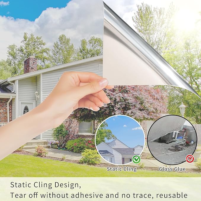 Filmgoo Window Privacy Film One Way Daytime Mirror Tint Treatments UV Heat Control Vinyl Stickers Sun Block Glass Paper Door Covering Reflective (Silver, 29.5 Inch x 13.1 Feet)