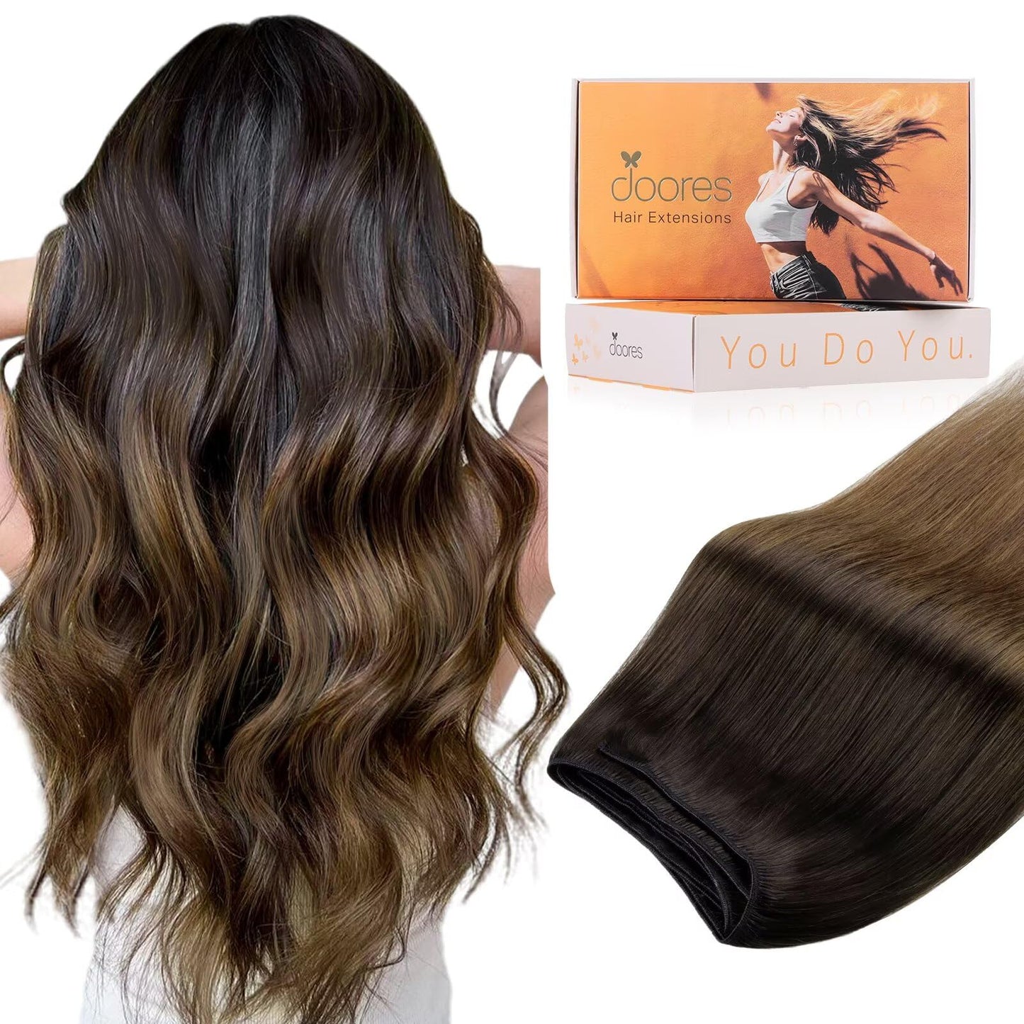 DOORES Hand-Tied Weft Hair Extensions Human Hair, 22 Inch 110g Chocolate Dip Color Melt, Real Human Hair Weft Extensions