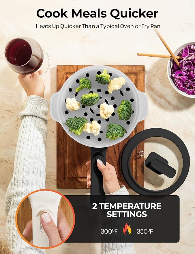 PRO Electric Hot Pot with Lid and Steamer, 1.5L Non Toxic Ceramic Cooker Skillet for Ramen, Eggs, Pasta Portable and Compact for Dorms, Camping, RVs, Work, Adjustable Temperature