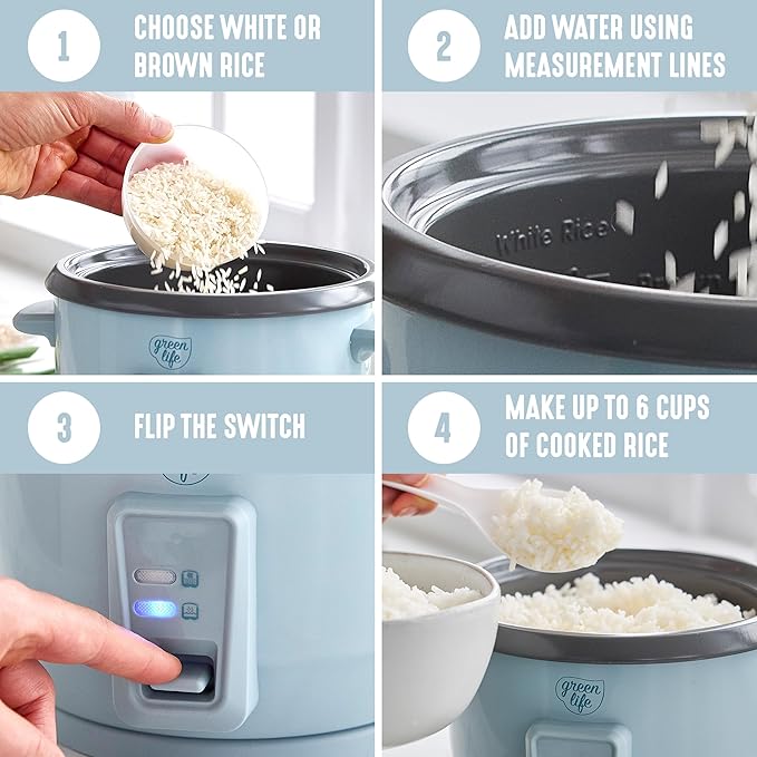 GreenLife Rice Cooker with Removable PFAS-Free Nonstick Pot, 3-Cups Uncooked/6-Cups Cooked, One-Switch Design, Auto Keep Warm Function, Soup, Grains, Oatmeal, Wood Handle, Blue