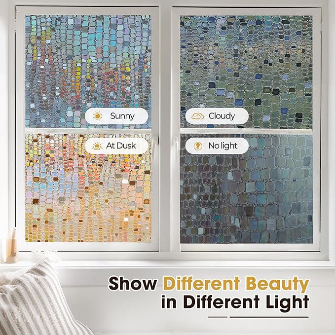 Windimiley Rainbow Window Privacy Film, 3D Stained Glass Christmas Decorative Window Clings, UV Heat Blocking Holographic Prism Stickers for Home (23.6 x 78.5In,Brown)