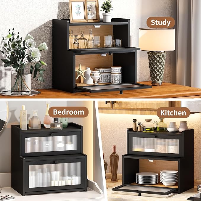 FILWH Bread Box for Kitchen Countertop Double Layer Large Corner Bread Box Capacity Bread Storage Bin Farmhouse Breadbox Container Organizer Cabinet Cupboard Black