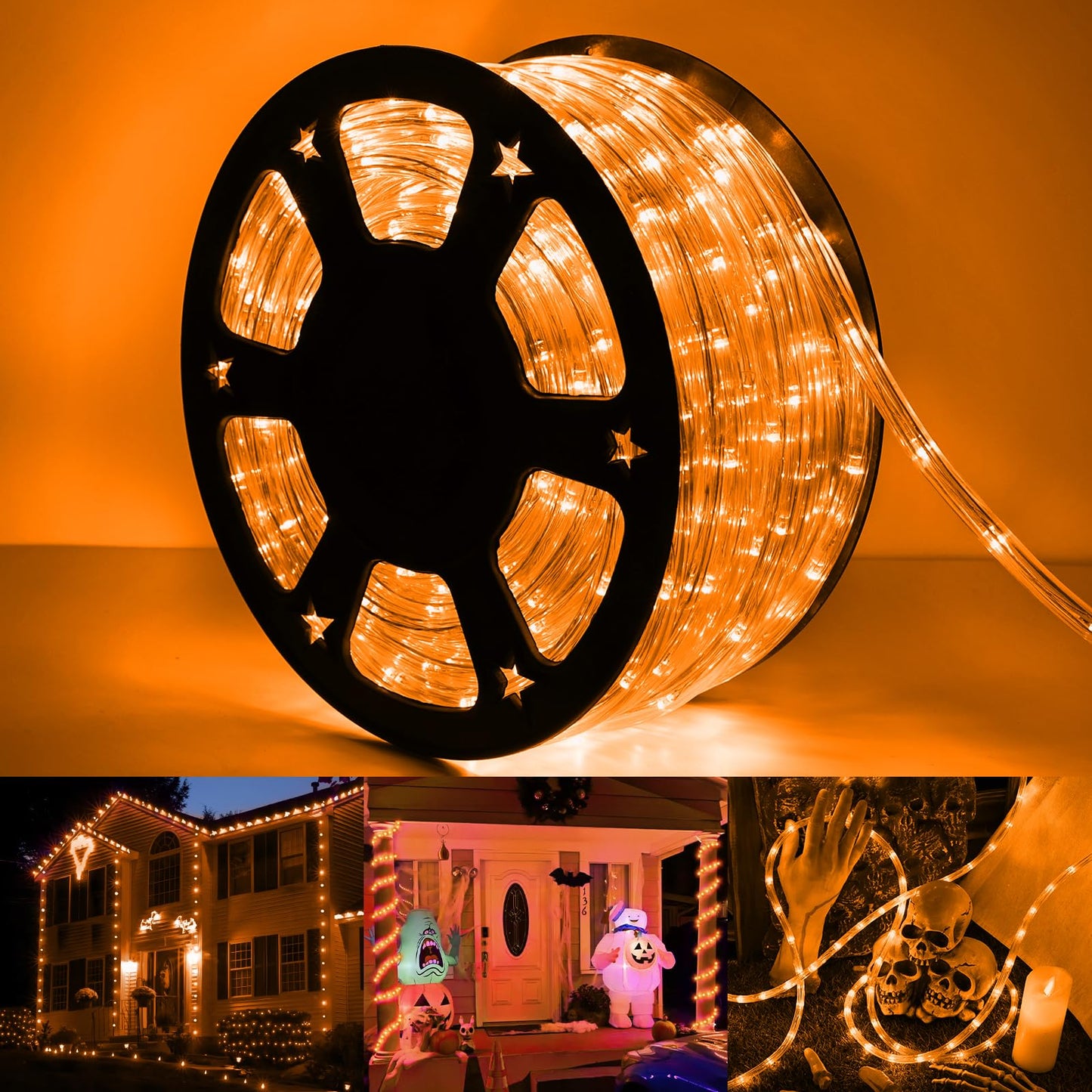 Jnaurb 100ft LED Rope Lights, Orange, Waterproof, 720 LED, Flexible Tube, 8 Modes, Indoor/Outdoor Lighting