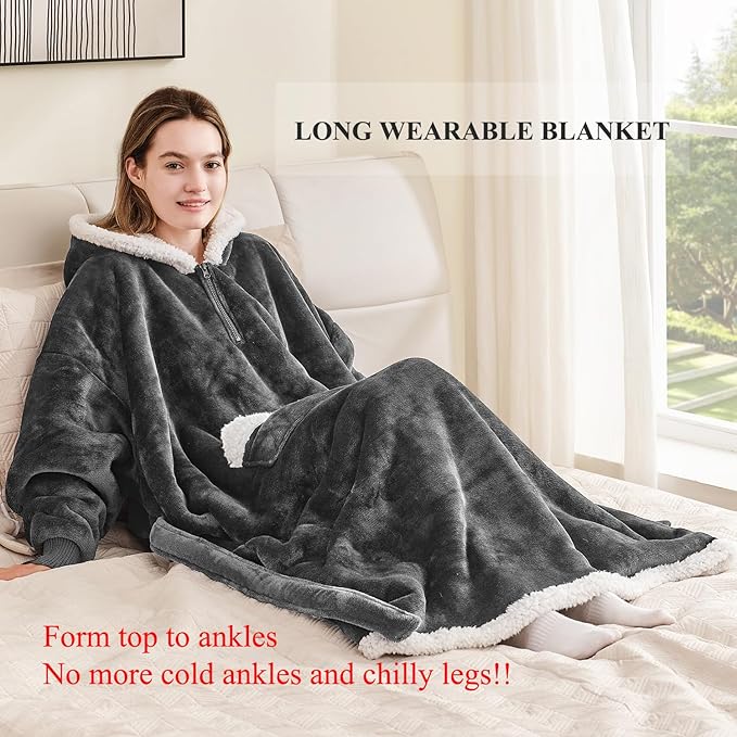 Wearable Blanket Hoodie as Gifts for Women, Long Sherpa Fleece Hooded Blankets with Oversize Hood and Pocket, Warm and Cozy Sweatshirt with Belt, Winter Gift