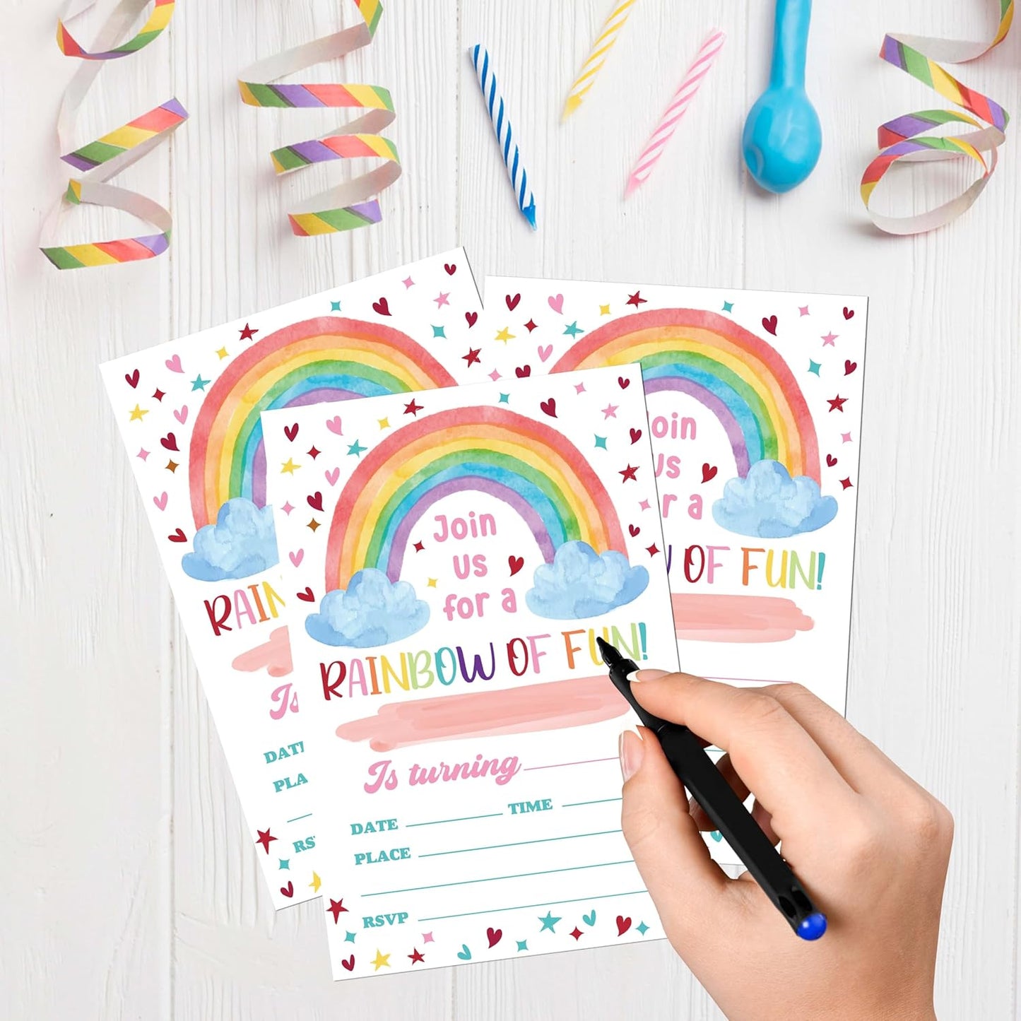 Rainbow Birthday Invitations, 20 Invitation Cards with Envelopes, Colorful Clouds Invites for Girl Party Decorations Favor Supplies - A10