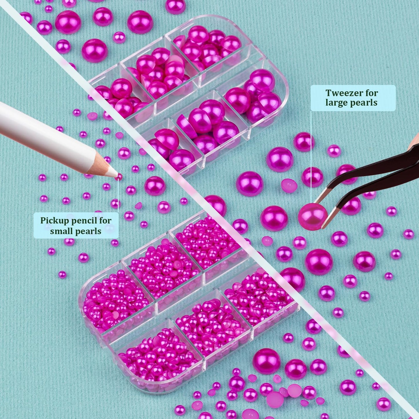 3 Boxes Flat Back Pearls Kit 11 Flatback Rose Red Half Round Pearls 3-10mm with Pickup Pencil and Tweezer for Home DIY and Profe