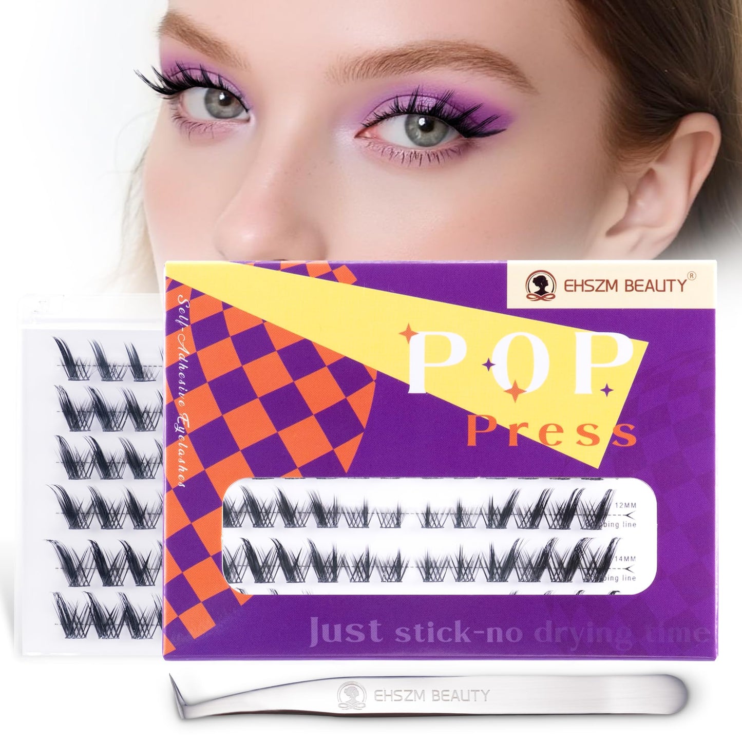 Self Adhesive Eyelashes - EHSZM BEAUTY POP-PRESS manga Lash Clusters No Glue | 3s Easy Apply, 24H Hold No Plastic Feeling/Damage