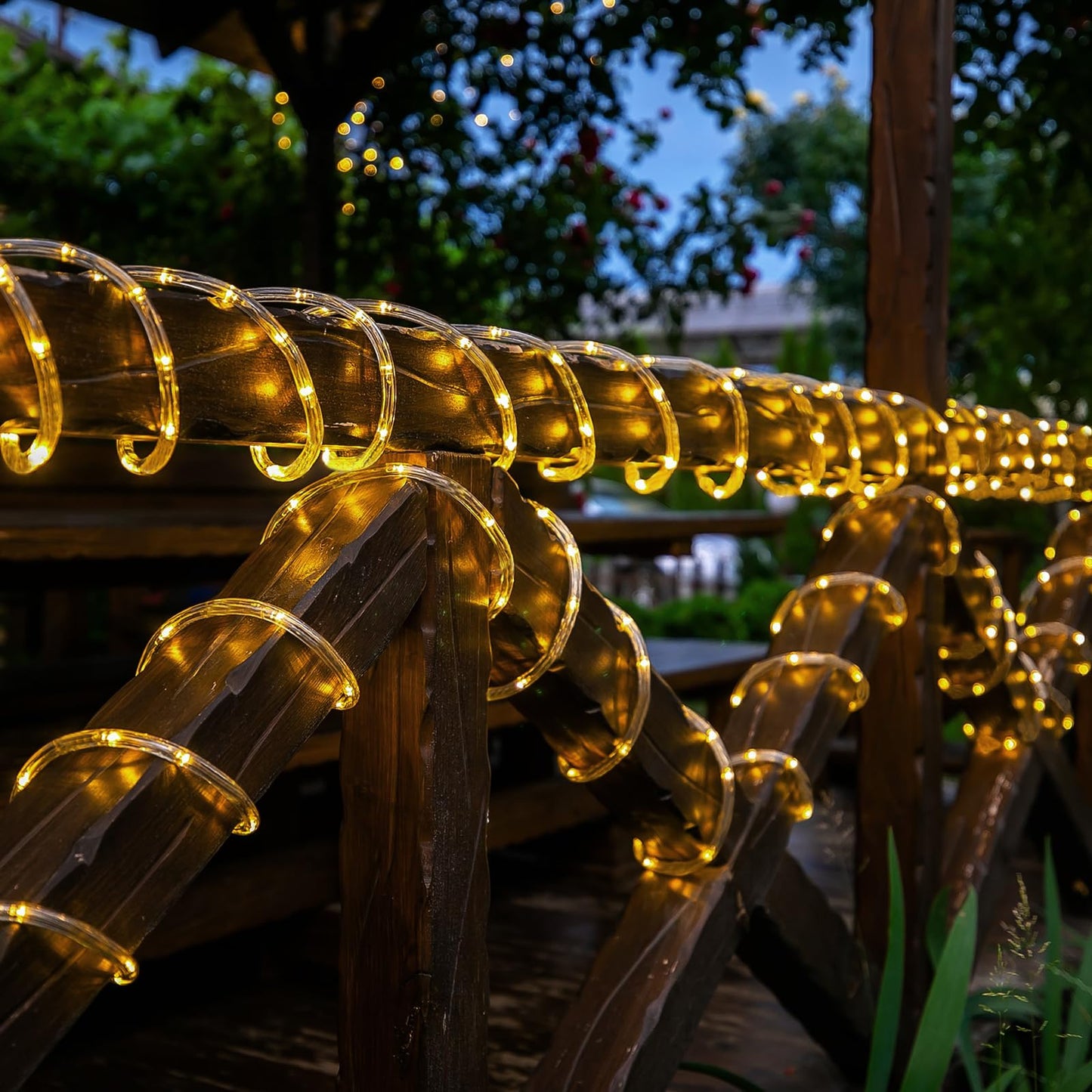 Jnaurb Solar Rope Lights, 66ft 200LED, Waterproof, Flexible Plastic, Warm White, 8 Modes, Outdoor Decor