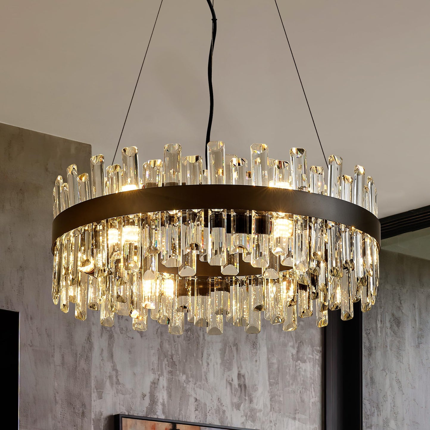 Lighceac 21.7 Black Modern Crystal Chandelier Light Fixtures stylish 2 Ring Crystal Chandeliers For Dining Room 12-Light Round Hanging Pendant Lighting For Living Room Kitchen Island Entryway Bedroom