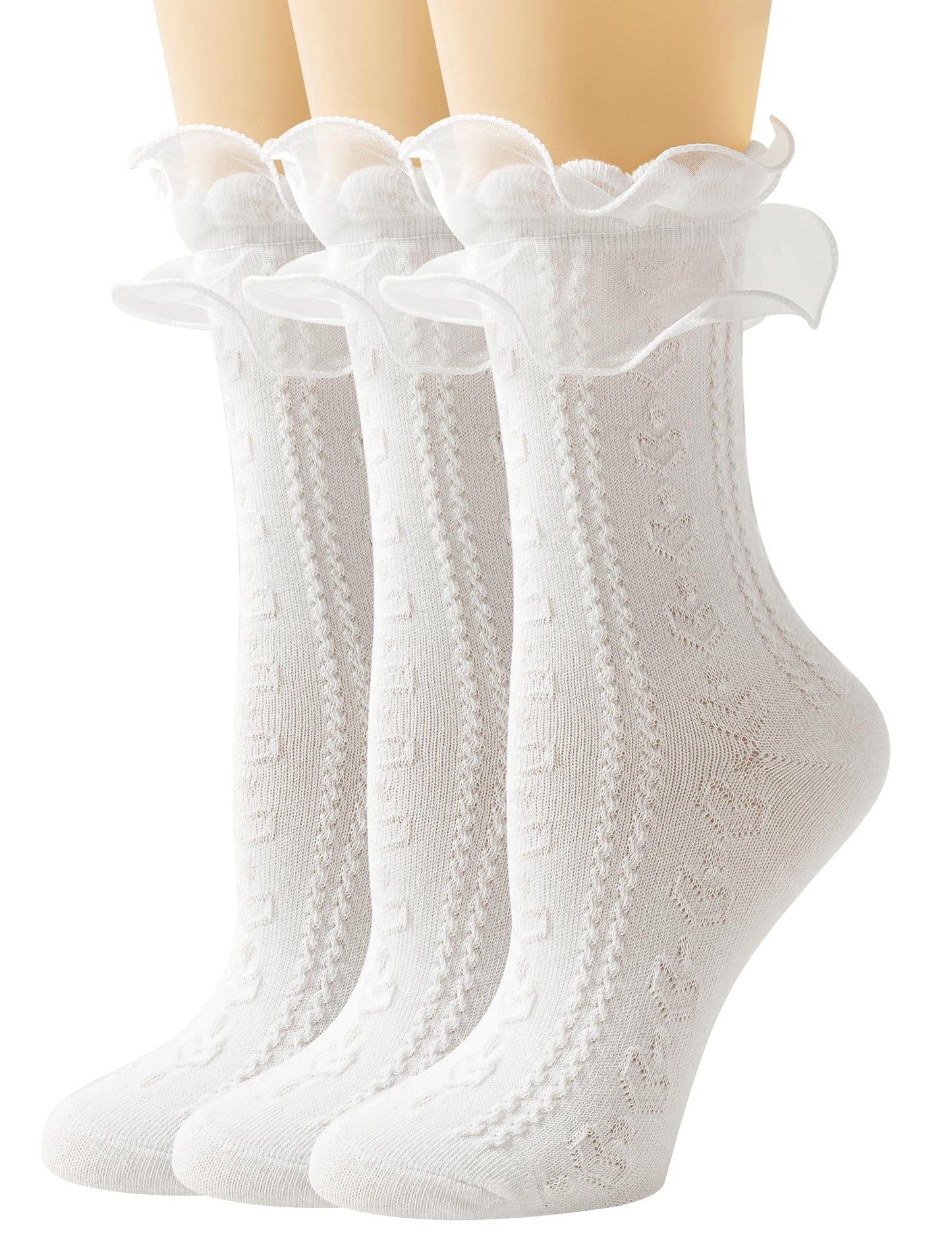 AMHRLINGTO Women Lace Socks Ruffle Frilly Socks - Comfortable Cotton Cute Socks Princess Lolita for Ladies Gril (US, Numeric, 5, 8, Regular, Regular, White - 3 pairs)
