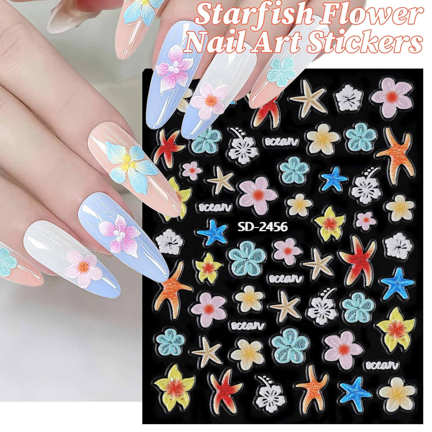 Hawaii Flower Nail Stickers 6 Sheets 5D Embossed Floral Nail Decals Pink Blue Hibiscus Nail Art Stickers for Women DIY Manicure
