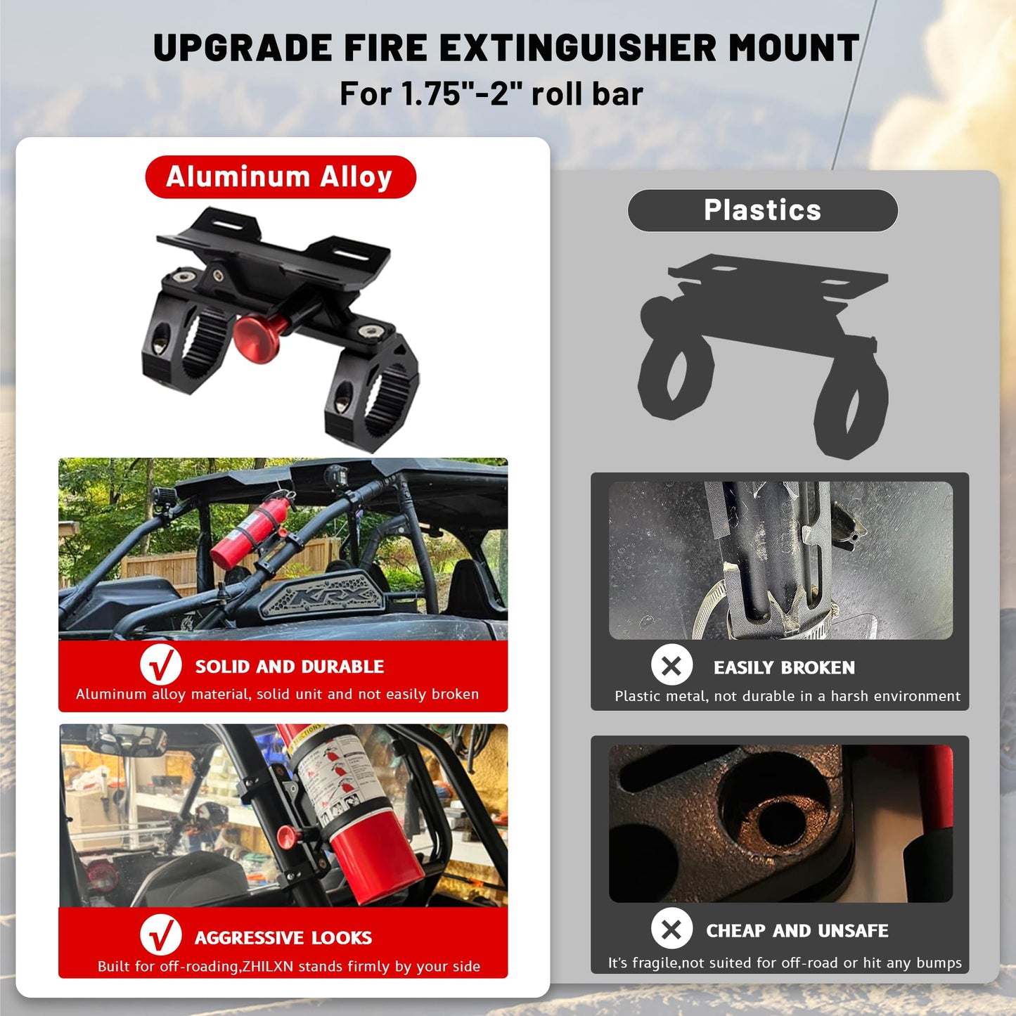 UTV Fire Extinguisher Mount Kit - Aluminum Adjustable Quick Release Roll Bar Car Fire Extinguisher Bracket Holder for 1.75-2in Roll Bar UTV Compatible with Polaris RZR SXS Ranger Camper Jeep Can-Am
