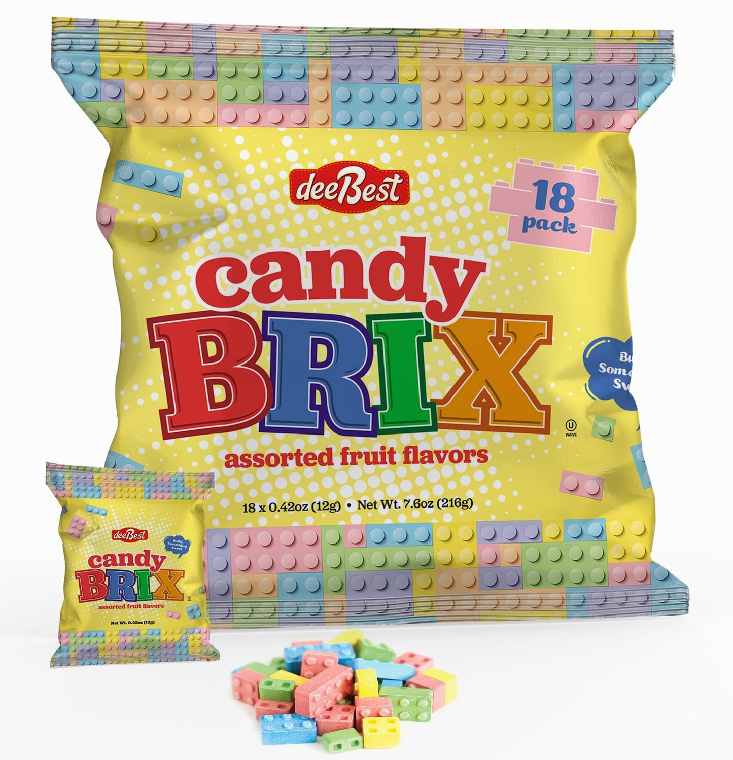 Dee Best Candy Brix Building Brick Candy Assortment - 18 Party Favor Bags Assorted Fruit Flavors Fun and Perfect for Candy Lover
