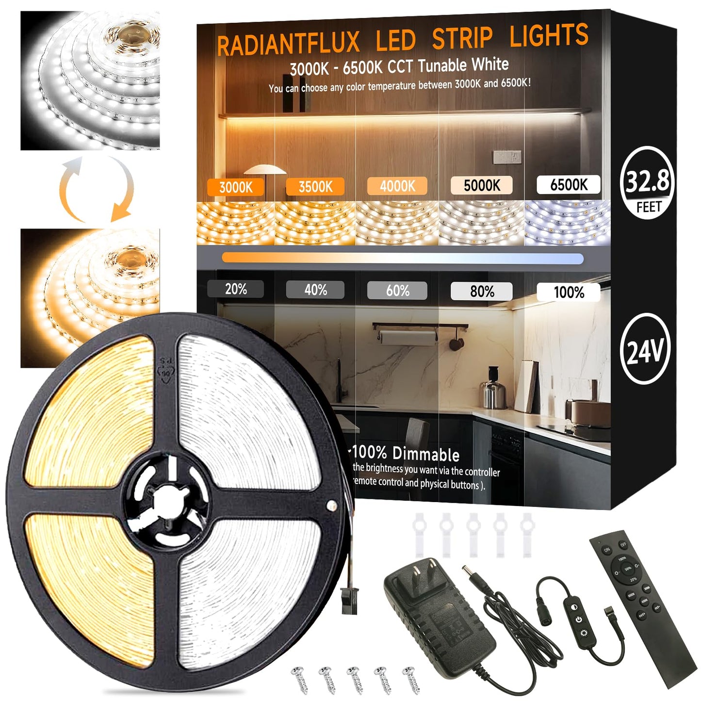 RadiantFlux 32.8ft LED Strip Light with Remote, 3000K-6000K Dimmable Bright Warm White Led Lights Strip, Flexible DC24V Led Tape Light for Bedroom, Kitchen, DIY Lighting