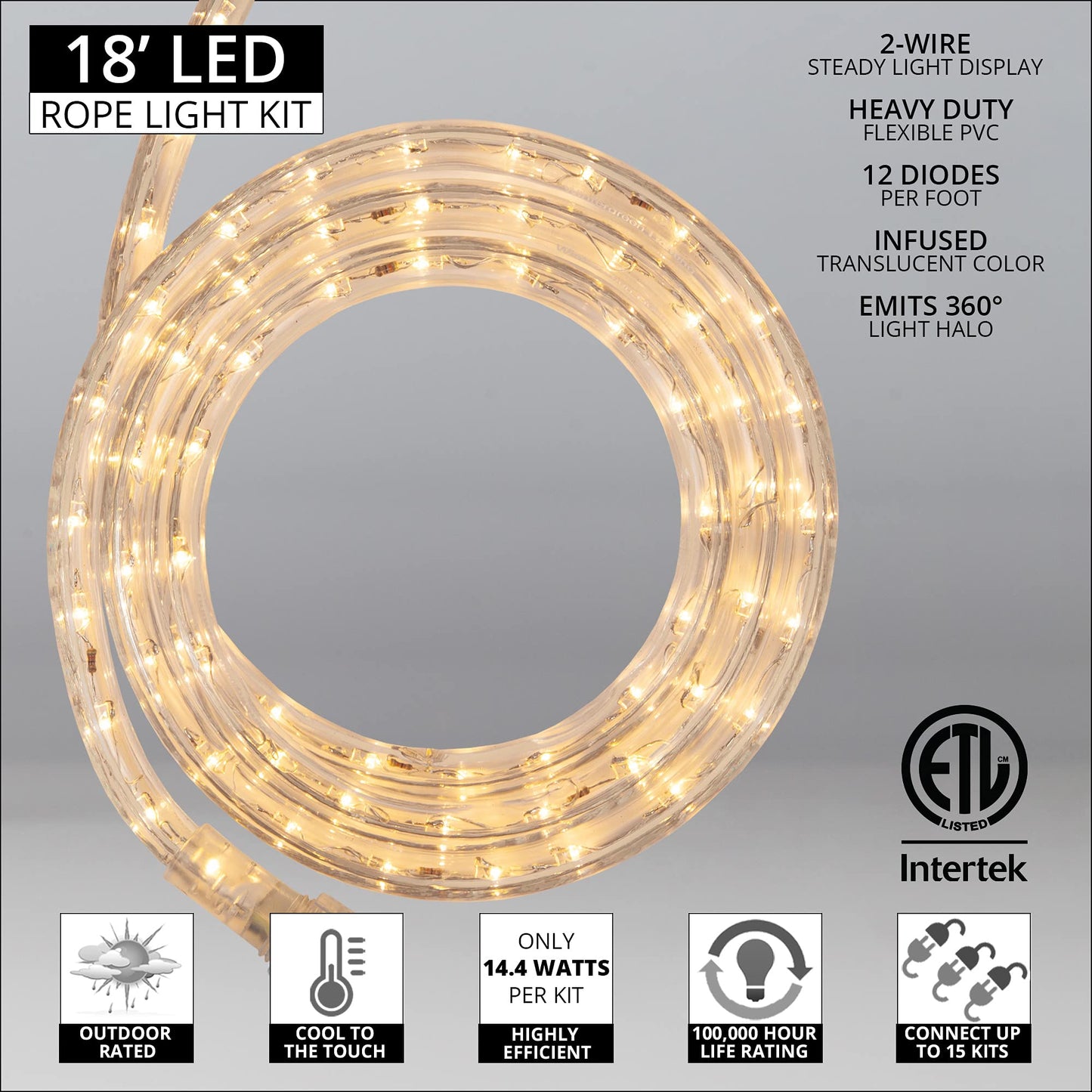 Wintergreen Lighting 18 Led Warm White Rope Light  Flexible Light Rope String Light Outdoor - Bedroom Led Light Rope  120V   Inch  2-Wire
