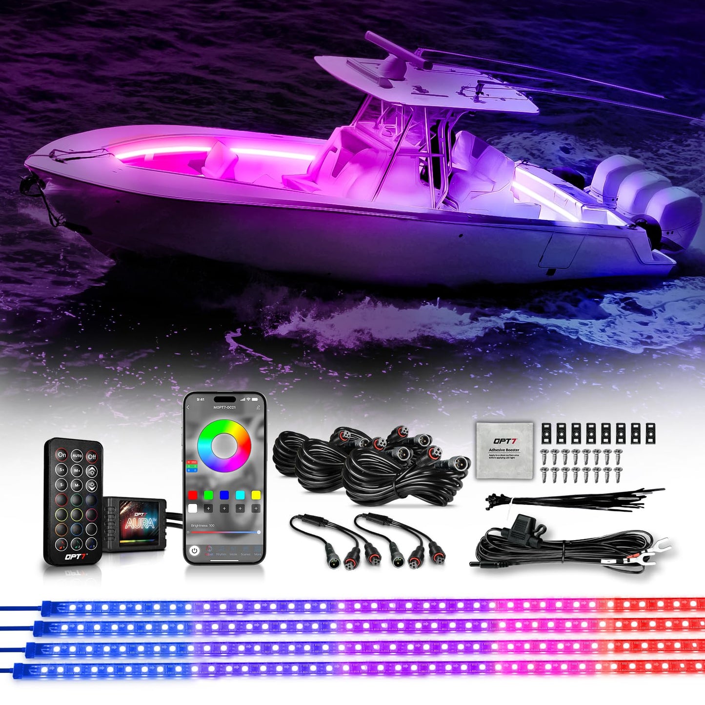 OPT7 Aura DreamColor Marine LED Strips Light Kit, 4 PCS RGB-IC, 12V Waterproof, 48in Silicone for Boats, Model AURA-GLOW-BOAT-48