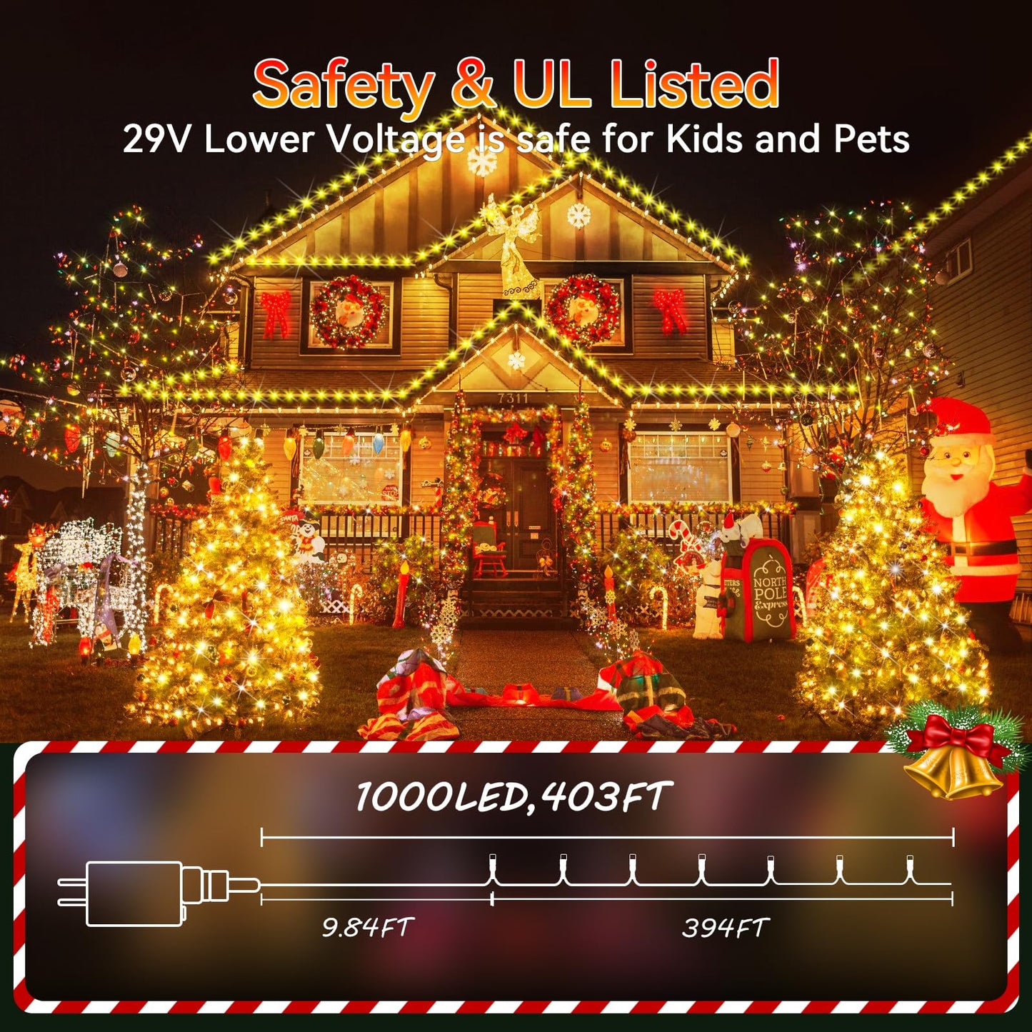 Hezbjiti 1000 LED Christmas String Lights, 403 FT, IP44 Waterproof, Warm White, Clear Wire, Model HB01-MNO1005-JDY