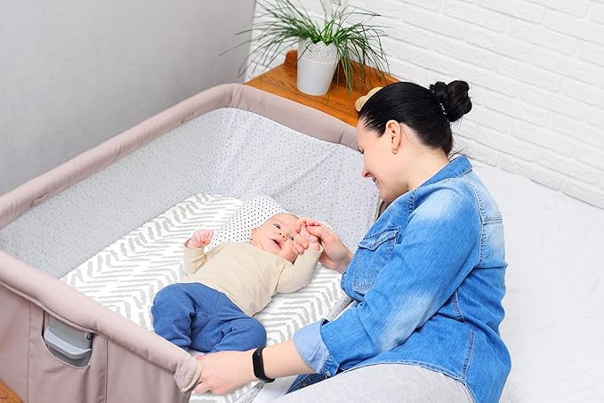 Bublo Baby 100% Organic Cotton Pack & Play Sheets 2-Pack (38″ × 24″) – Hypoallergenic & Toxin-Free Mini Crib/Travel Crib/Playpen Fitted Sheets – Deep-Pocket, Breathable, Neutral Colours