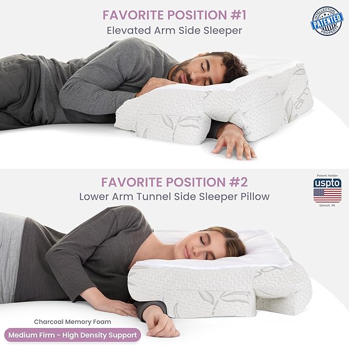 Medium Firm High Density Support. Arm Hole Slots for Cervical, Shoulder Pain Relief. Adjustable for Side, Back, Stomach Sleeping. Rayon Shell/Charcoal Infused Shredded Memory Foam