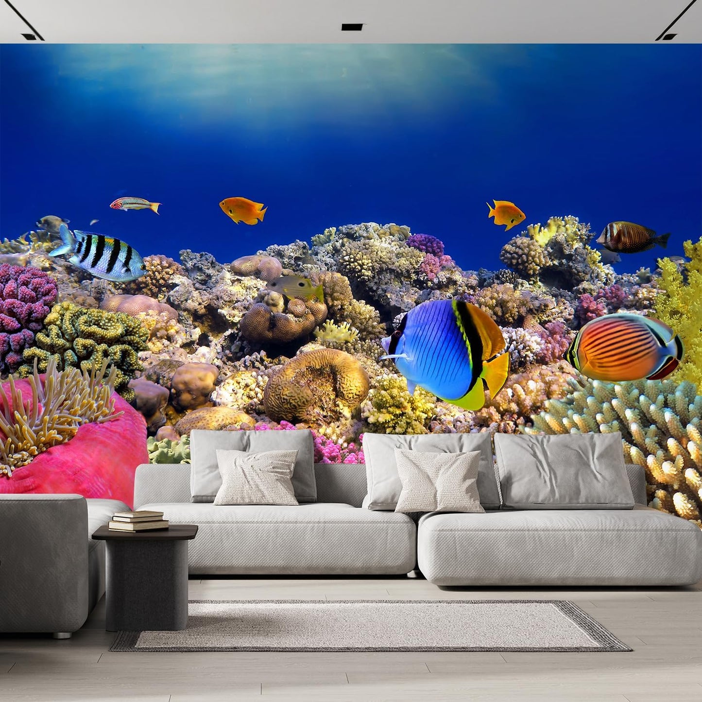 wall26 Wall Sticker/Wall Mural Tropical Blue Fish Coral Reef Ocean Seascape Nature Wilderness, Not Peel and Stick, Non-Woven Wallpaper Decorative for Bedroom, Living Room, Office - 99x96 inches