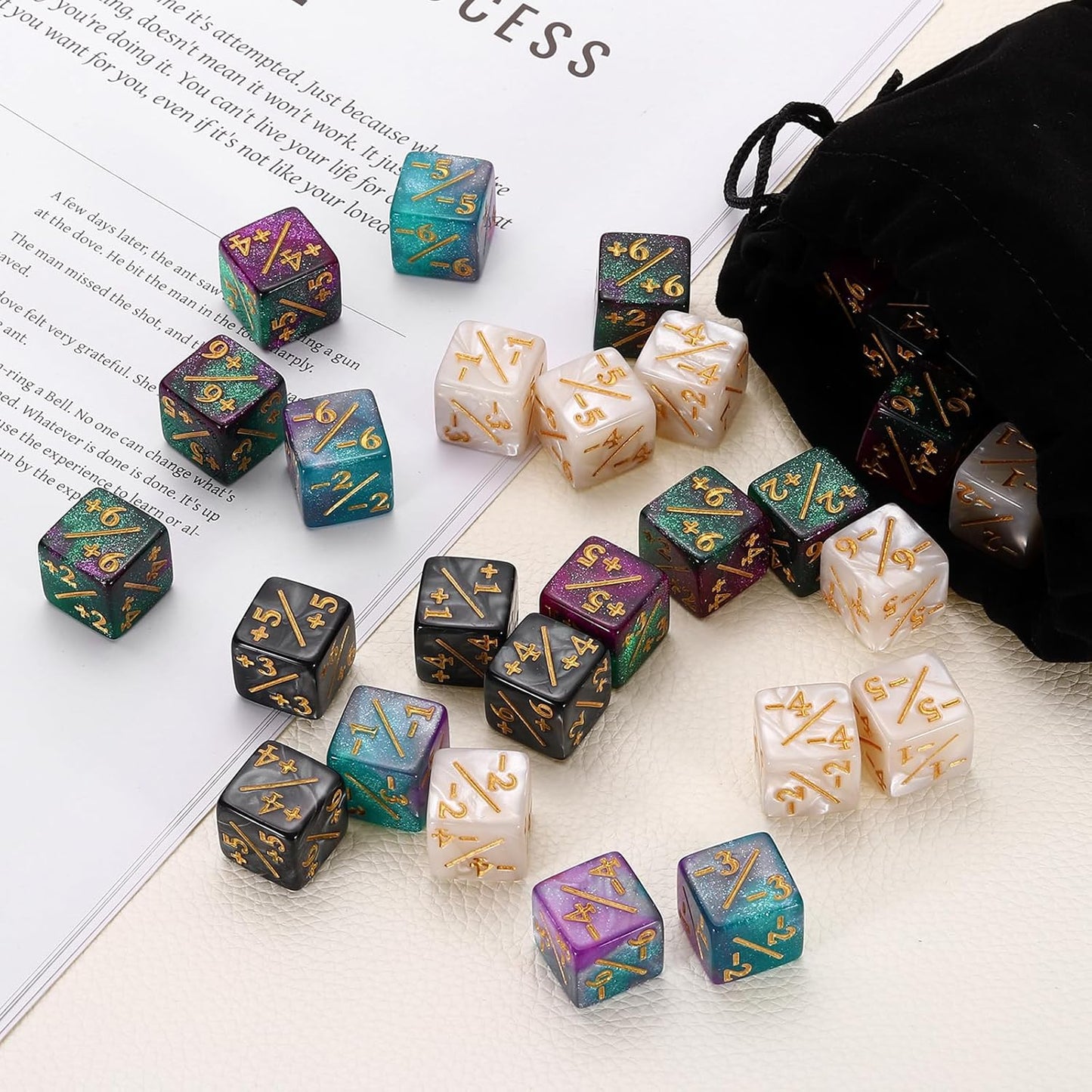 uxcell 24Pcs Magic Dice Counters, Acrylic D6 Life Token Dice Set with Pouch for Standard Cards Gaming Accessories, Black Marble