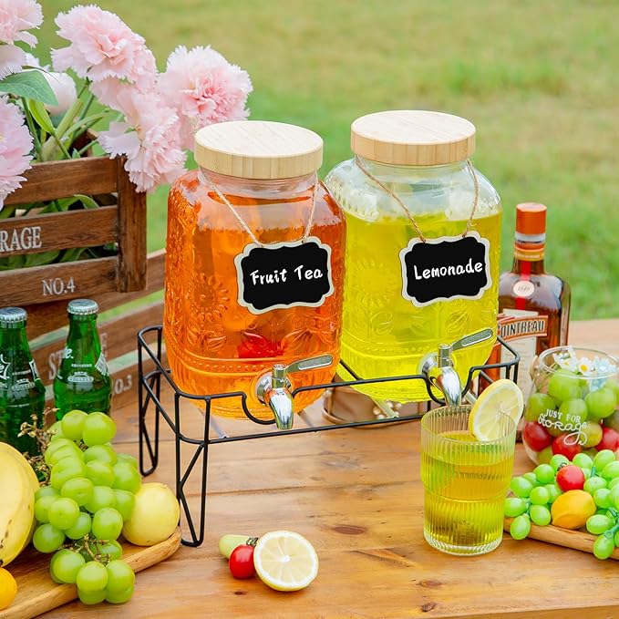 2-Pack1Gallon Glass Drink Dispensers for Parties,Beverage Dispenser with Stainless Steel Leakproof Spigot/Stand/Bamboo Lids/Fruit Infuser/Chalkboard Labels.for Lemonade & Iced Tea,Party Drinks