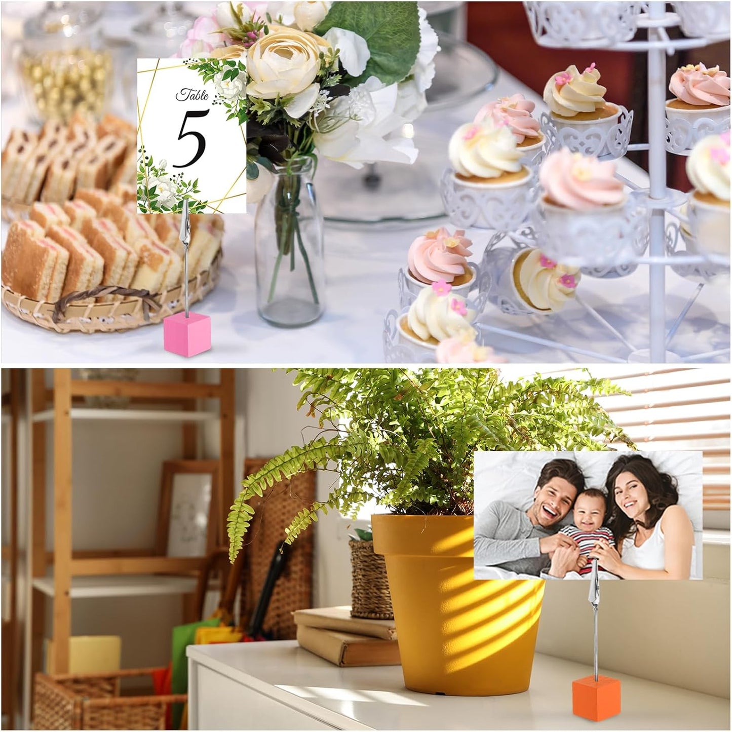 PATIKIL Place Card Holder, 20Pcs Memo Clip Holder Stand with Alligator Clasp Table Number Holders Wooden Base for Pictures Note Card Paper, Brown
