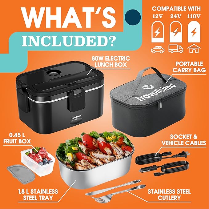 TRAVELISIMO Extra-Large Electric Lunch Box For Adults Holds up to 8 Cups - 80W Heated Lunch Box 1.8L Electric Food Warmers for Travel & Work, Portable Food Warmer - Loncheras Para Hombres De Trabajo