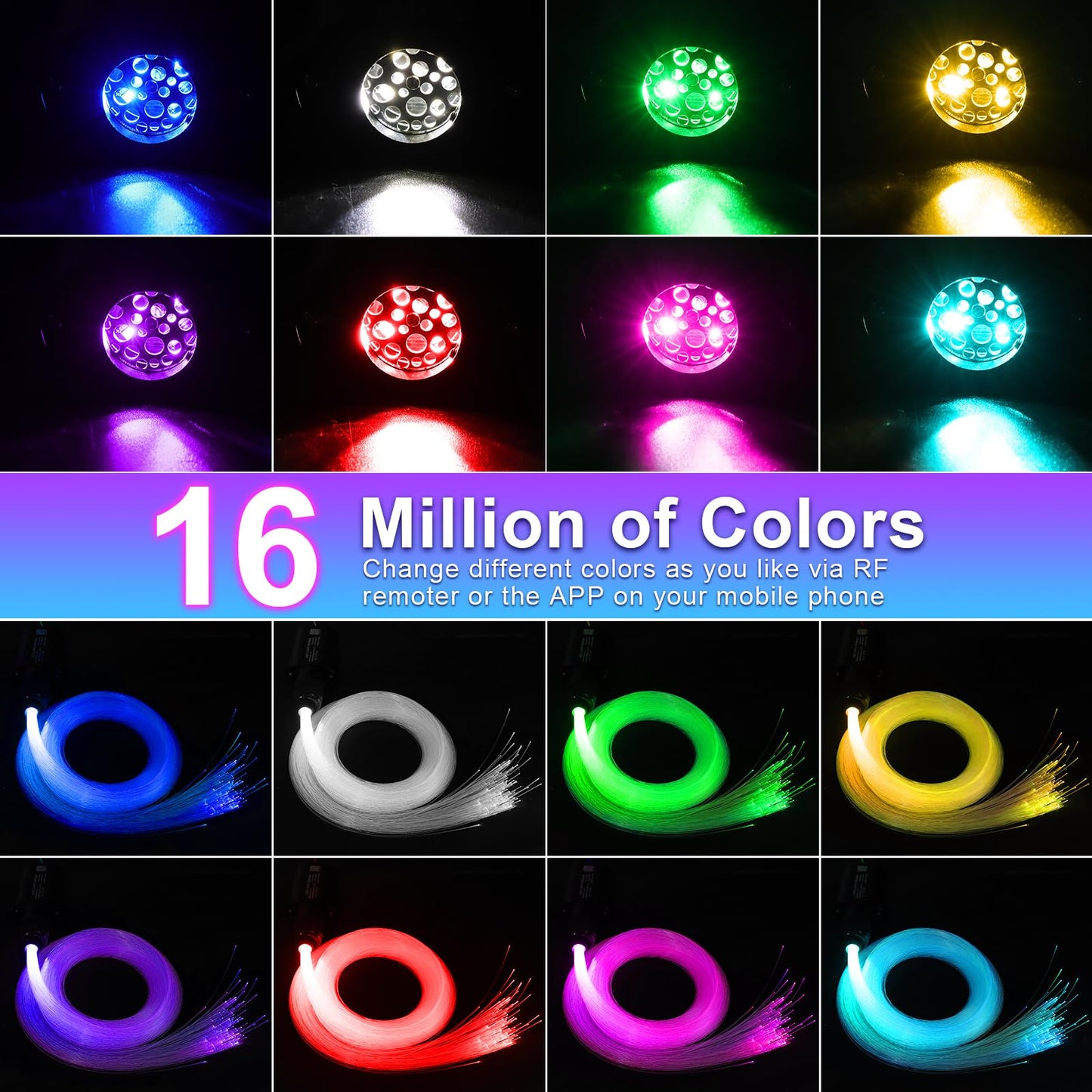 WEBUPAR 6W Car Twinkle Fiber Optic Starlight Headliner Kit, 400pcs, Multi-color, Model QJ-L006, Sound-Activated with APP & Remote Control