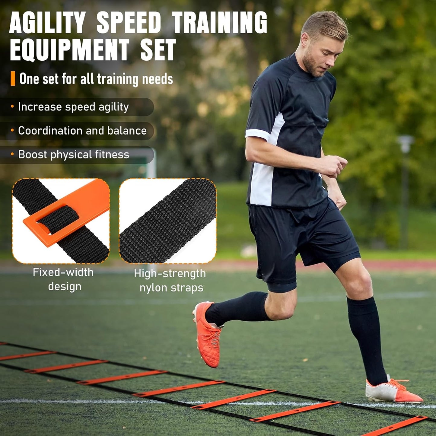 Agility Ladder, Speed Training Equipment Set, 20ft Agility Ladder, 12 Soccer Cones, 4 Hurdles, Jump Rope, Running Parachute, Basketball Football Soccer Training Equipment for Kids, Youth, Adults