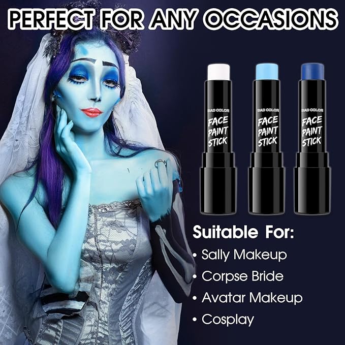 BADCOLOR 3PCS Blue White Light Blue Face Body Paint Stick Makeup for Sally/Corpse Bride SFX Cosplay & Dress Up, Full-Coverage Halloween Facepaint Makeup Kit