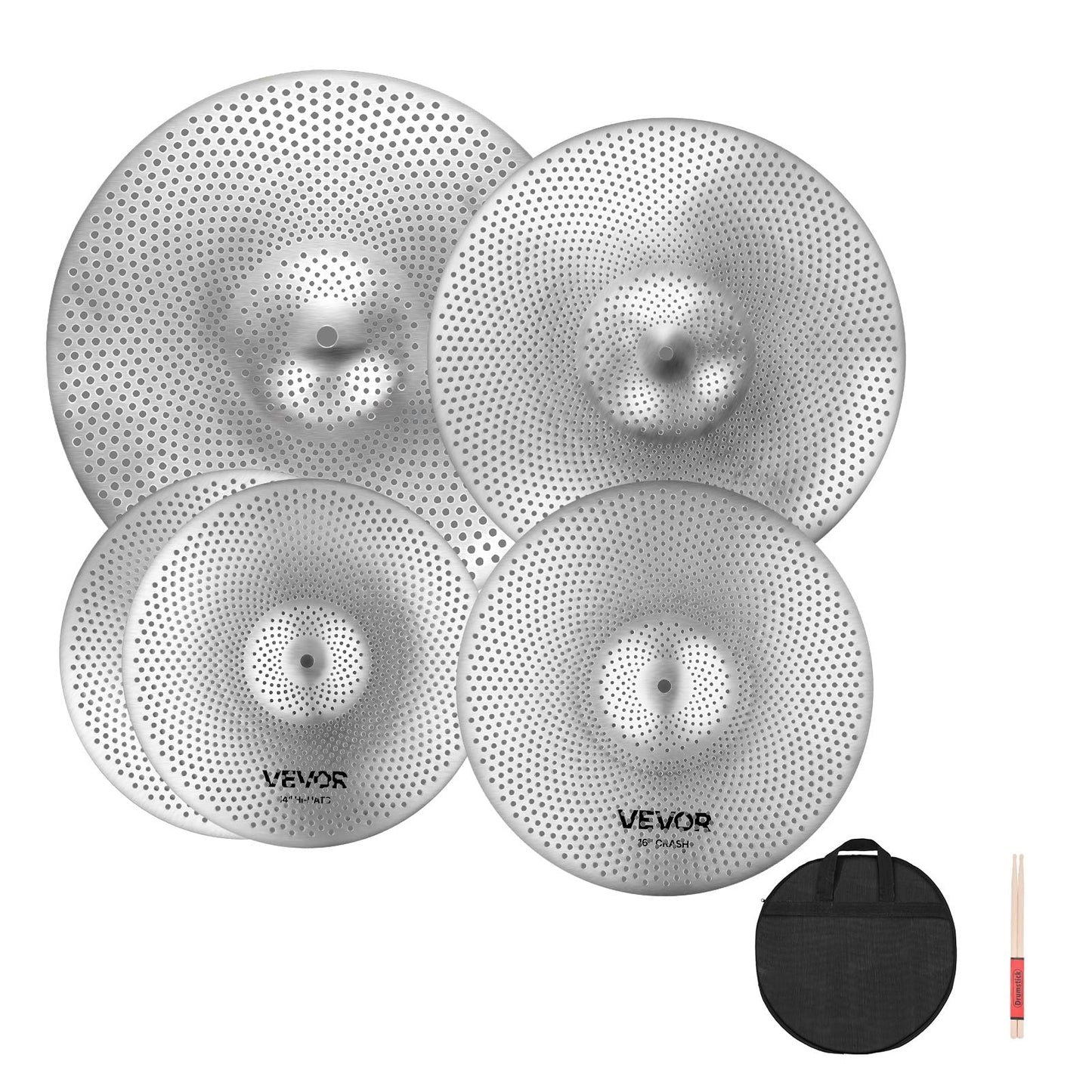Vevor Low Volume Cymbal Pack, 5Pcs Quiet Cymbals For Drum Set, 14 Hi-Hats, 16 Crash, 18 Crash, 20 Ride, Alloy Drum Cymba
