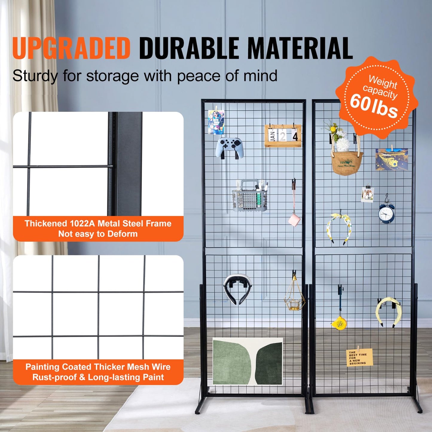 VEVOR 2 x 5.6 in Grid Wall Panels, 2 Packs Wire Gridwall Display Racks Tower with T-Base, Floorstanding Double Side Gridwall Panels, Retail Display with Extra Clips and Hooks for Art Craft Shows