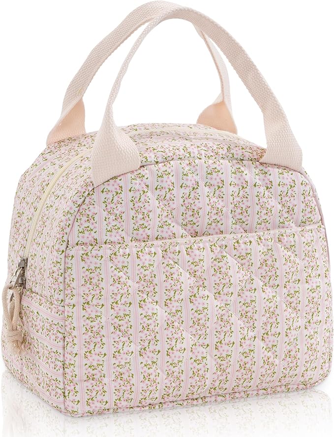 Lunch Bag for Women Insulated Lunch Box Reusable Cooler Bag Portable Cute Floral Quilted Cotton Bag Leakproof Tote Bags for Travel, Work, and Picnic, Stripe and Flower
